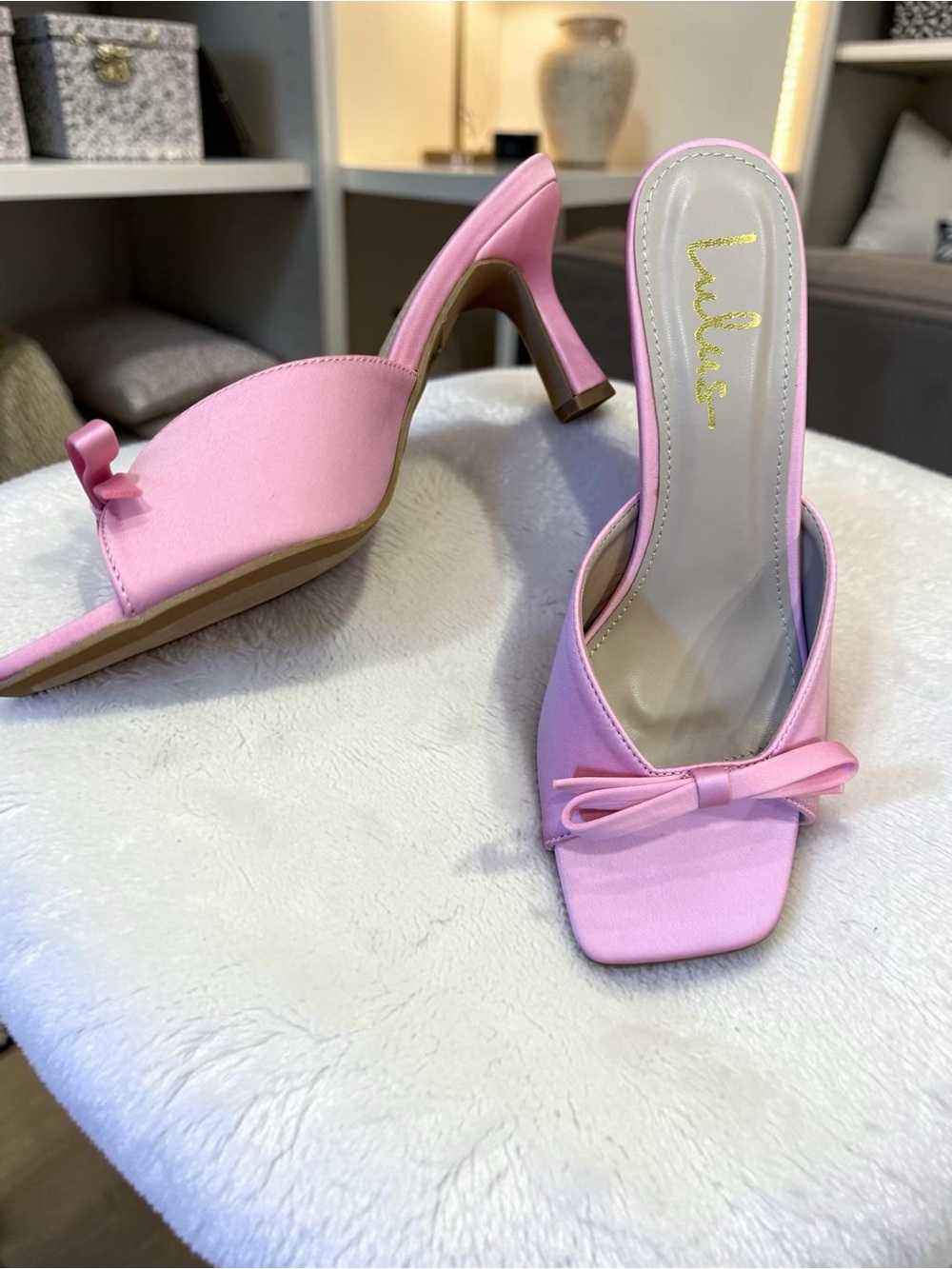 Lulu's Pastel Pink Bow Square-Toe Mule Heels